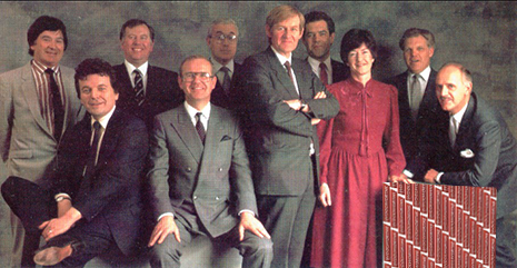 Geoff Mulcahy with the Board that he assembled during 1985. From left to right Jonathan Weeks, Mike Sommers, Richard Harker, Colin Brown, Geoff Mulcahy, David Defty, Mair Barnes, Chris French and Roger Jones