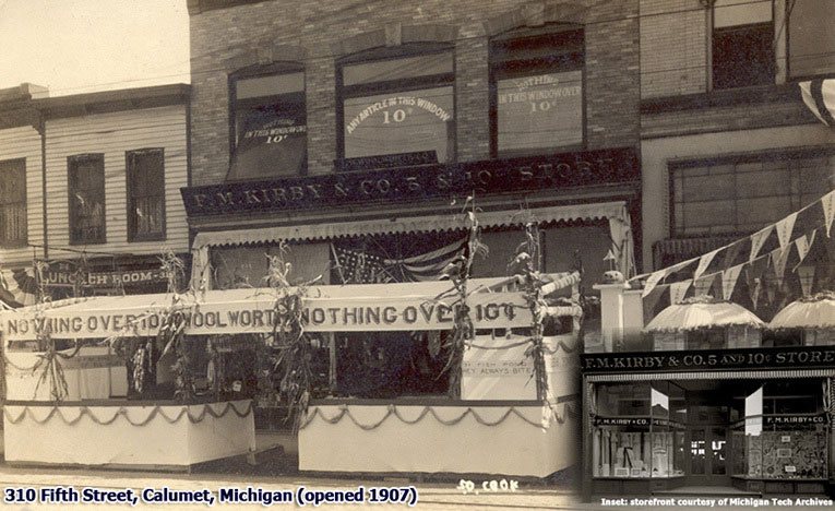 Kirby was a showman to rival the spectacular Frank W. Woolworth himself, pulling a number of stunts to attract trade to his stores, particularly when they were confronted by tough competition. This elaborate awning and display on the pavement was officially to launch his new line in fishing tackle to the public of Calumet, Michigan, with the slogan 'they're guaranteed to bite'. He didn't only mean the fish!
