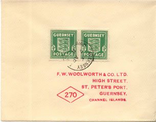 A wartime envelope to F.W. Woolworth in St Peter Port, Guernsey in 1941.  Note the subtle changes the German occupiers had made to the stamps to remove any reference to the British monarchy.