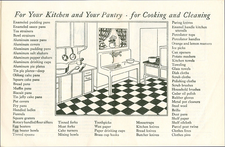 For your kitchen and for your pantry, everything you need for Clooking and Cleaning is featured in the Woolworths Home Shopping Guide booklet from 1929