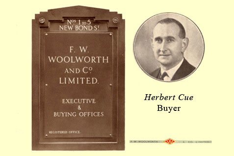 The name plate from the Woolworths headquarters in New Bond Street, London W1 in the 1930s, along with Herbert Cue, the Buyer who built the firm's relationship with Pasolds, the supplier behind the world-famous Ladybird brand