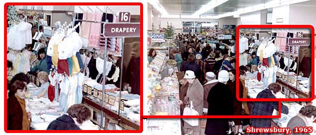 Brightly coloured fashion displays at the Shrewsbury branch of Woolworths in 1965. Click the picture for a larger full colour view of the salesfloor in a new window.