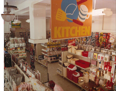A traditional, unrefurbished Woolies store displays the new Kitchen ranges in 1987