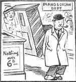 When will Woolworths start selling complete pianos for sixpence, a customer asks before World War II