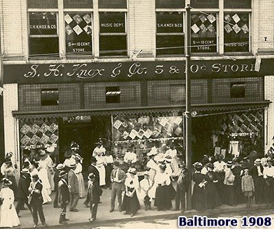 The S.H. Knox Five-and-Ten store in Baltimore, picture in 1908. The upper windows are plastered with signs promoting the Sheet Music Department, a Knox speciality