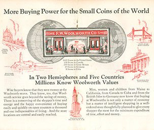 The centrefold from the 50th birthday booklet, celebrates the buying power that Woolworths gave to the small coins of the world.