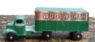 A tiny die-cast metal Woolworth lorry from the 1930s. These sold for five cents in the USA and threepence in Great Britain