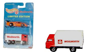 A Matchbox Woolworth Lorry, carrying the 'Winfield' shopping basket trademark and the italic logo from the 1970s, and a very similar American wagon in a 1990s Mattel Hot Wheels Blister Pack