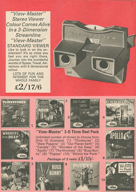 New in the 1960s was the Viewmaster - a 3D slide viewer.  One of the best selling reels (packs of pictures) depicted the Apollo space programme
