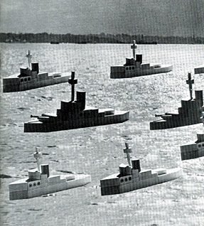 A flotilla of Woolworth sixpenny wooden boats from the 1938 range