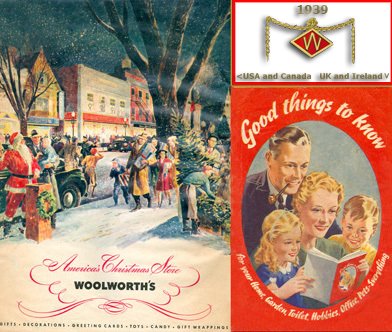 War and peace in stark contrast in Woolworth's two 1939 Christmas catalogues from opposite sides of the Atlantic - on the left the first full colour product catalogue from North America, on the right the British Good Things To Know magazine concentrated on make do and mend, military insignia and the blackout