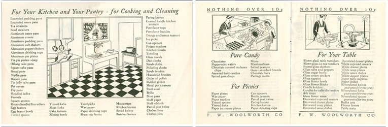 Example page spreads from the F. W. Woolworth 1929 Home Shopping Guide, showing the breadth of range available in the Main Street stores in the USA and Canada