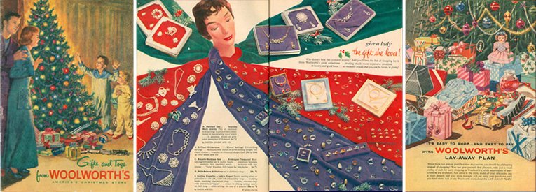The F. W. Woolworth Co. 1955 Catalogue had a traditional Christmas theme, with a mix of conventional photographic spreads and more avante-garde fashion pages