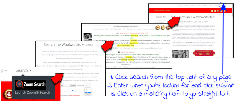 A graphic showing our Zoom 8 &reg; Search Engine in use. There are three simple steps, first, click search and enter some criteria, second, review the results after clicking submit and finally, click on a result that is of interests to review it. You can use the go back function in your browser to return to the results if you want to check out more of the matches. There are hints on the search page to help you to find what you're looking for, along with some automated features that will help you in the background.