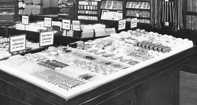 A leading end display of toiletries at the front of the salesfloor in the Woolworths Liverpool store in 1923