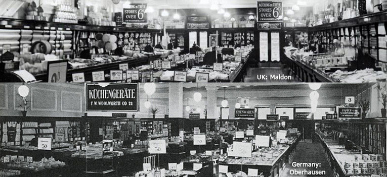 Six hundred miles apart but virtually identical in layout and atmosphere - two F. W. Woolworth one in Maldon, Essex, England and one in Oberhausen, Germany. By the 1930s the chain had become the first retailer to establish a consistent global brand