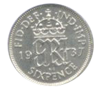 A silver sixpence from 1937