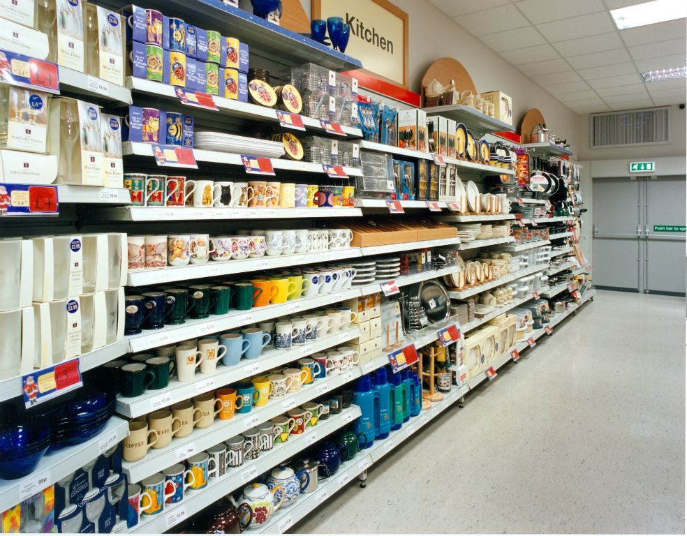 Displays of Kitchenware on the back left wall of the Downham store near Bromley, Kent