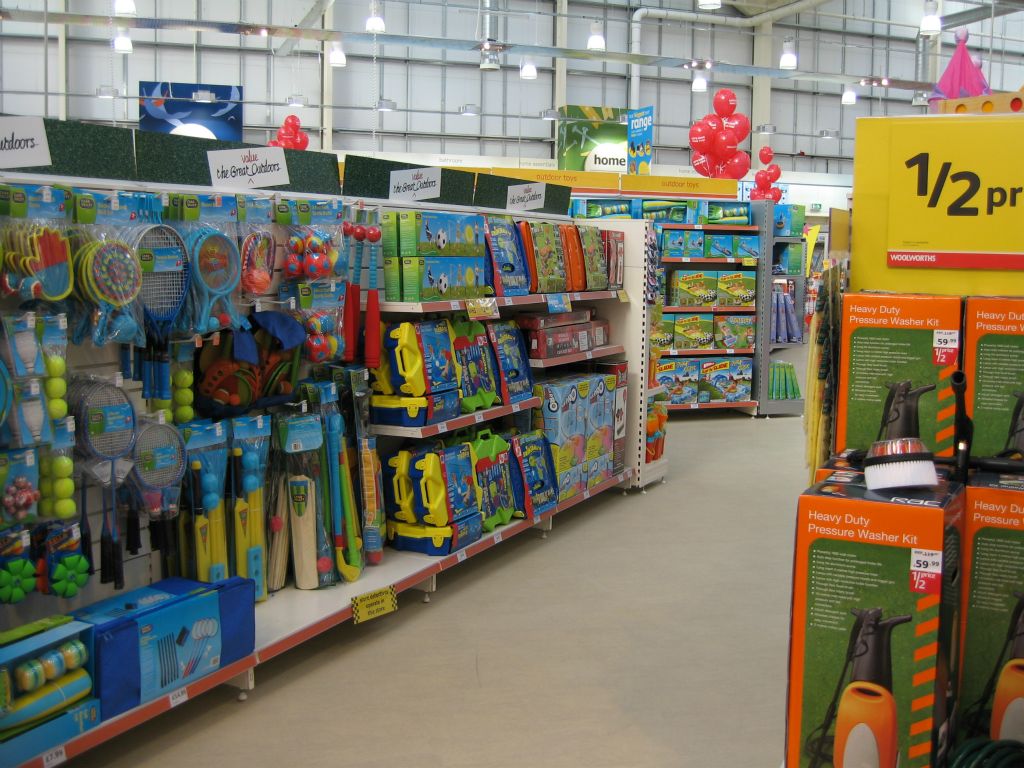 Tennis rackets, balls and cricket bats on display at an out-of-town Woolworths store in 2005