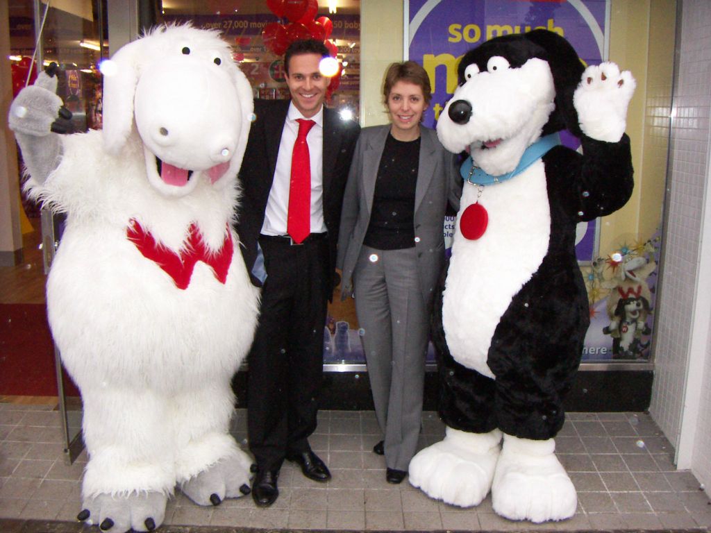 Wooly and Worth, and Kingswood Project Manager Helen Pardoe, welcome shoppers to the new look Woolworths store on the outskirts of Bristol