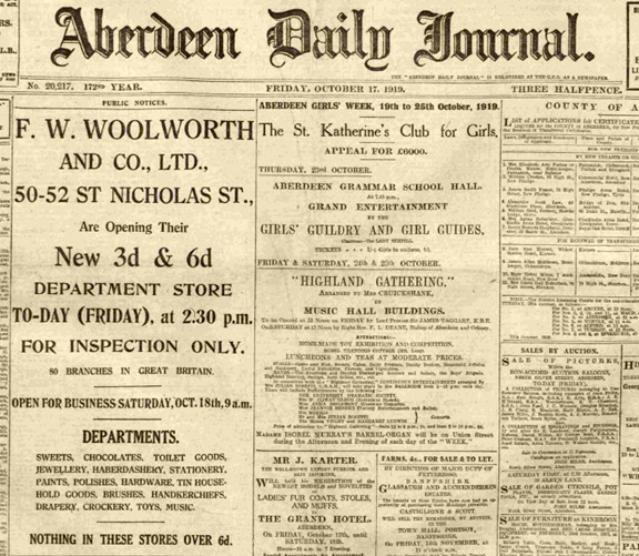 Cue placed a prominent advertisement on the front page of the Aberdeen Daily Journal to announce the opening of his brand new superstore at 50-52 St Nicholas Street in the granite city. It appeared on the front page beneath the masthead on Friday October, 17, 1919.