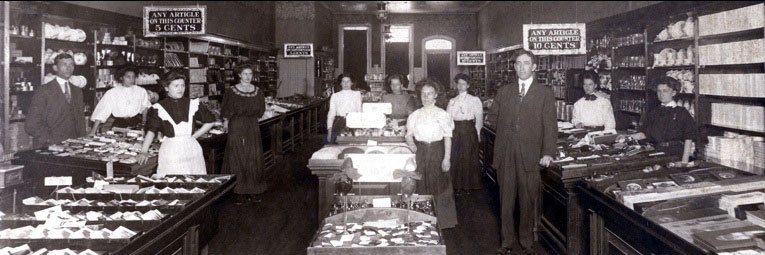 An interior view of the Glens Falls, NY,  C. S. Woolworth store from 1911. The staff had to stand still for a full minute for this sharp interior view to be taken. (Image with special thanks to Mr Scott Oakford, great grandson of Mr Woolworth)