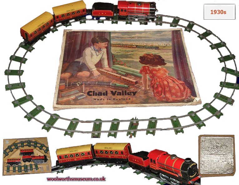Chad Valley trainsets first went on sale in the 1930s. The tinplate engines and carraiges were originally supplied with a loop of track for thirty shillings (£1.50), equating to around £100 today
