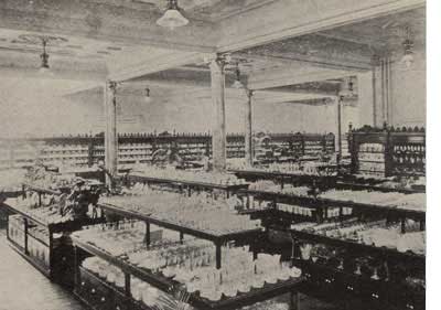 Elaborate displays of china and glass at the flagship F. W. Woolworth five and ten cent store in Lancaster, Pennsylvania, USA at the turn of the twentieth century. Most of the items were imported from Europe factories in Staffordshire, England and Dresden, Germany