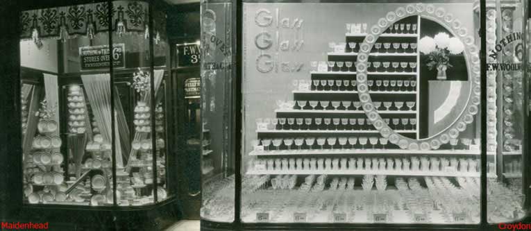1930s windows displays showing china at Maidenhead (left) and wine glasses at Croydon (right)