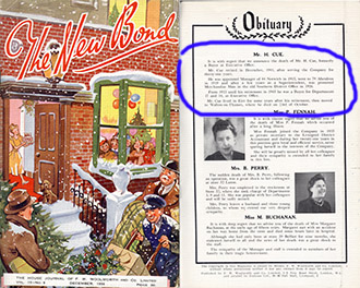 Cue's short obituary featured prominently in Woolworth's House Journal, the New Bond, Vol. 15, No. 6, Page 93, issued on 6 December 1956