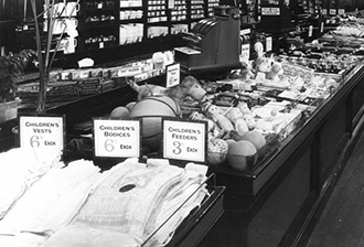 Simple displays of underwear on sale at Woolworth's before Herbert Cue took over as the Buyer. At the time the great majority of sales were generated by paper patterns, material, cotton, thread and wool for shoppers to make their own clothes. Over the next fifteen years he would change to offer beyond all recognition and lay the foundations for success for generatons to come.