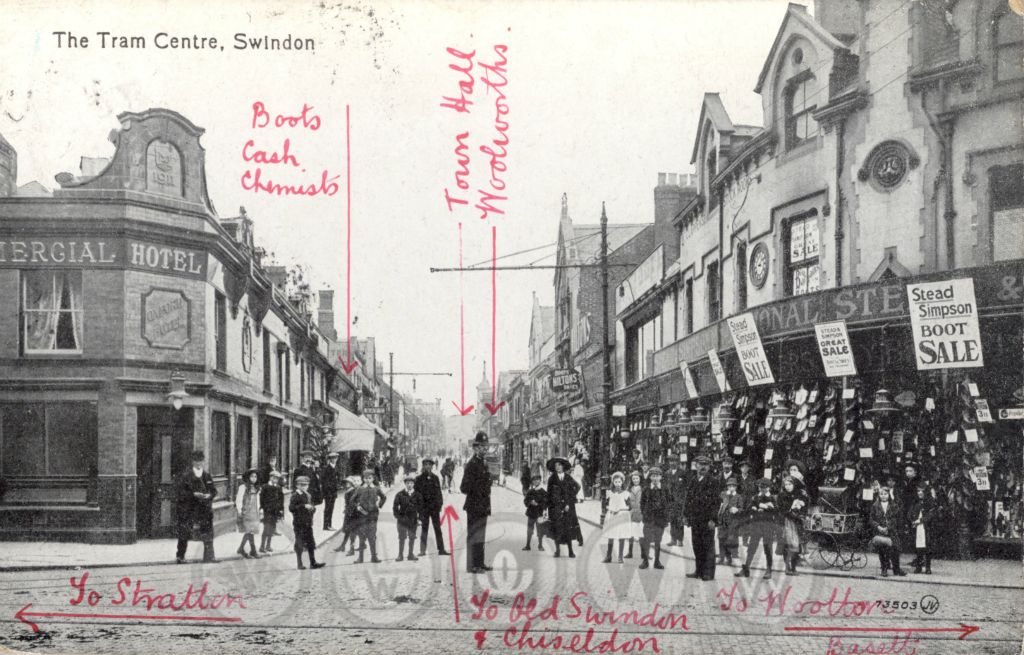 Woolworth chose the 'tram centre' as the home its Swindon store, which opened on 12 September 1914. A few days later a customer very kindly scribbled on this card (which was bought in the store and published by FWW) to highlight the location!
