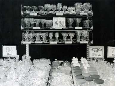 A new tiered display of glassware in a Woolworth store in 1948, some of the prices were more than ten times higher than they had been a decade earlier.