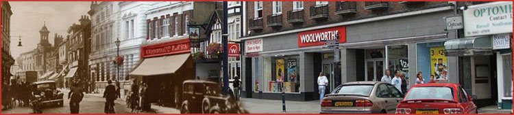 Two Woolworths buildings in the High Street at Hitchin, Herfordshire. The original branch on the left is now occupied by Boots the Chemist, while the more recent store on the right has been adapted since Woolworths closed.