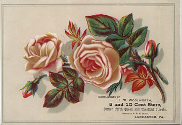 A rare extravagance from the parsimonious dimestore magnate, Frank W. Woolworth - a full colour trade card, promoting his flagship Five and Ten Cent Store in Lancaster, Pennsylvania, USA, dating from about 1880.