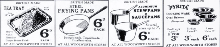 Woolworth saucepan and kitchenware product advertisements from the Daily Mail in 1932 - every item shown was sixpence or less