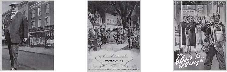 (Top) Frank Woolworth at Conneaut, Ohio; (Middle) Christmas Catalogue from the USA in 1940 and (Bottom) Back cover of the Woolworths staff magazine "The New Bond" at the start of World War II.