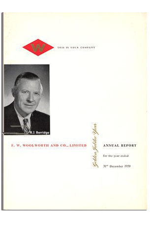 The F.W. Woolworth Annual Report from 1959, which reported a remarkable 20% increase in sales as a result of the Golden Jubilee and a 2p bonus dividend on every 25p share as a treat for investors. The cost of the extra dividend was £1.4m