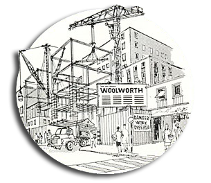 Cartoon depicting a new Woolworth store opening in the 1950s