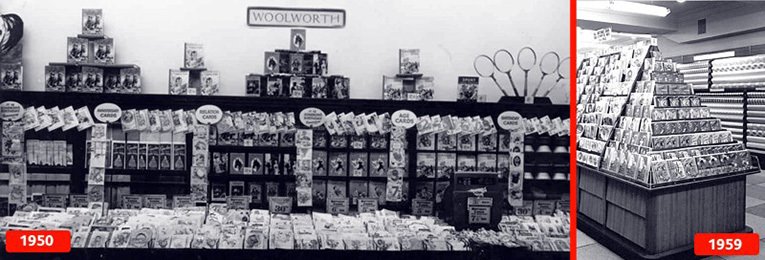 Displays of Greeting Cards were transformed during the 1950s as tiered shelving replaced the glass dividers that Woolworth's had used for more than forty years.