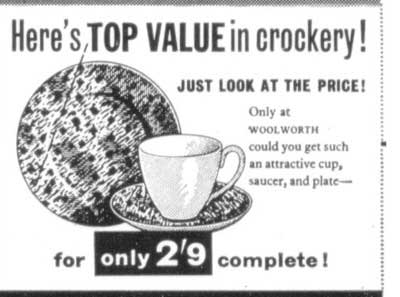 Press advertisement for a china cup, saucer and tea plate combination at two shillings and ninepence - a Woolworth special in 1963