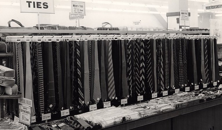 A 1959 display of Mens ties in silk and polyster at Woolworths