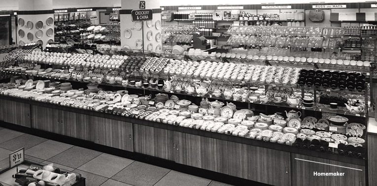 A long view of the large displays of crockery in the rebuilt Woolworths at Coventry, with Enid Seeney's iconic black and white Homemaker design clearly in evidence