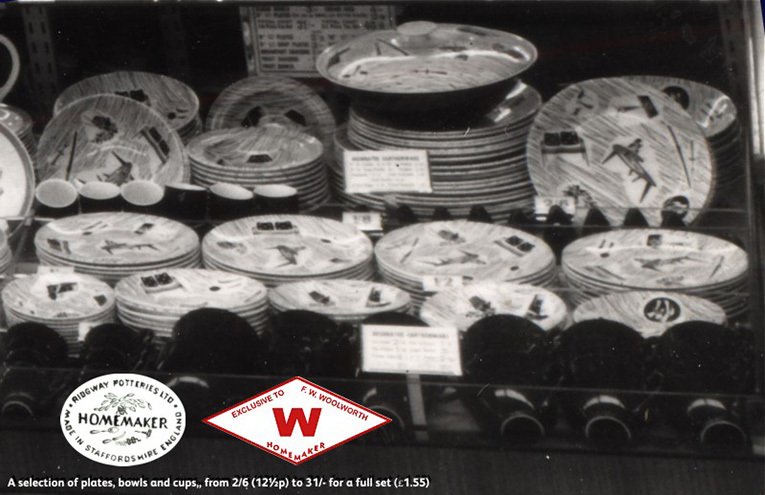 A close-up of Enid Seeney's iconic Homemaker Design black and white crockery on sale in Woolworths at Coventry in 1956