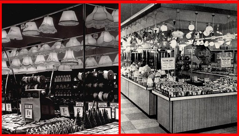 Lighting and lampshades in the 1950s. What a difference a decade makes - the plain shades of 1950s have been complemented with a wide variety of hanging light fittings by 1959. The lighting canopies were a regular feature in stores in the 1960s and 1970s before being phased out in the 1980s