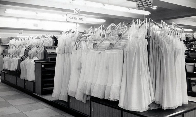 A full range of lingerie, displayed hanging on a whole island counter at the Woolworth store in Oxford in 1957. (Image with special thanks to Mr. Roger Stafford)