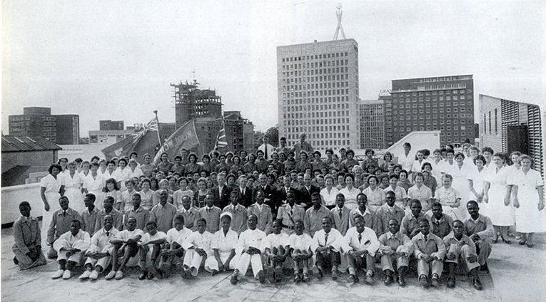 A team photograph taken on the roof of the Harare store to mark the opening of the first Woolworths in Zimbabwe (Southern Rhodesia) in 1958.  The store boasted 300 staff, nearly all full-time.