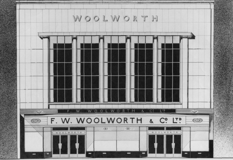 Architect's drawing of the F.W. Woolworth store in Commercial Road, Portsmouth, Hampshire, UK