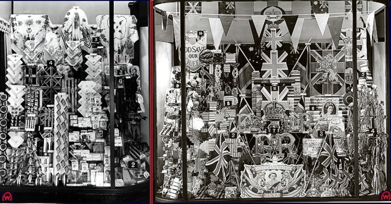 The Queen's Coronation in 1953 was the inspiration for these spectacular windows at the British Woolworths. Everything from flags and bunting to china plates and collectables, all at great value prices.