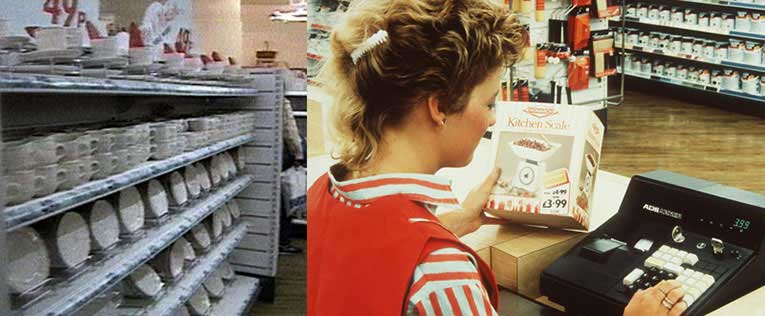 Left: Mix and match china at 49p per piece on sale in a Woolworths store in the late 1980s Right: Another Woolworths own label 'Monarch' homeware item goes through the till